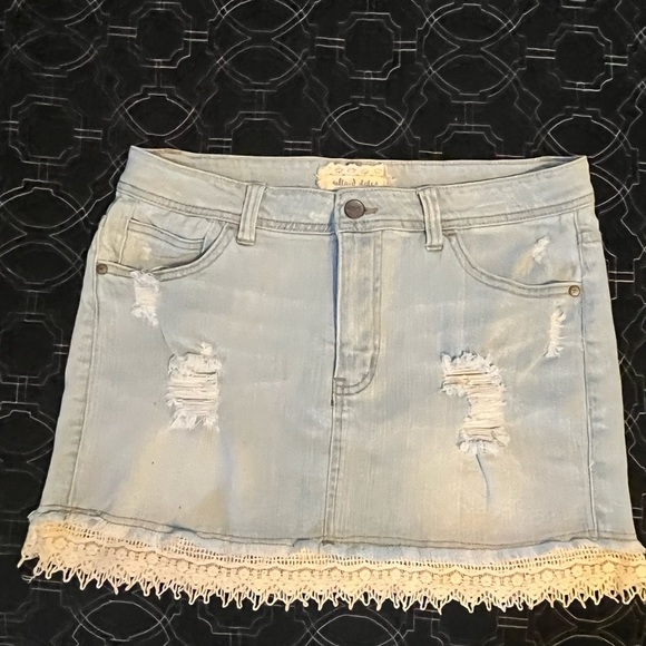 Altar’d State Distressed Denim Skirt with Lace Trim, size 29/9 - Picture 1 of 4